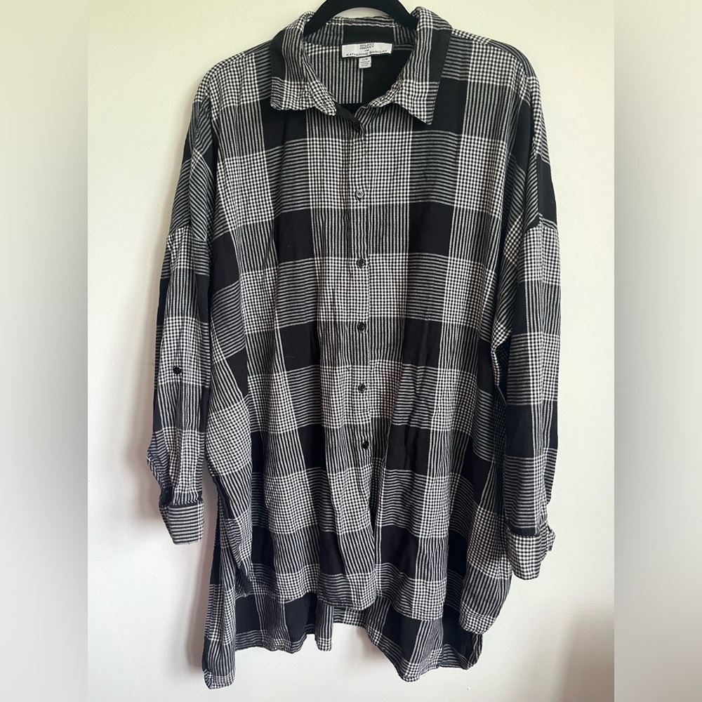 Hilary Radley Button Down Oversized Longline Cotton Plaid Neutral Shirt - Large